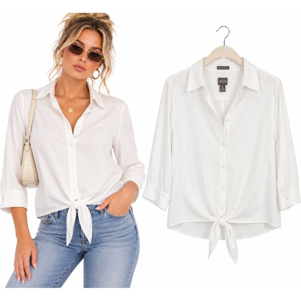 Chicos Button Down Tie Front Shirt Size L White Wrinkle Resistant 3/4 Sleeve